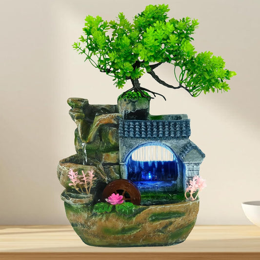 Tabletop Waterfall Fountain, Resin Indoor Desk Fountain with Color-Changing LED Lights, Quiet Pump Small Rockery Water Feature with Faux Bonsai Tree for Home, Office, Bedroom, Relaxation Decor