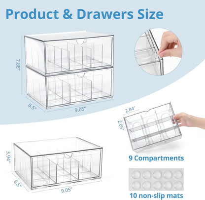 CLUQMEIK 2 Large Acrylic Tea Bag Organizer, 9 Grids Tea Organizers and Storage with Acrylic Drawers Stackable, Teabag Holder Organizer for Counter Countertop Kitchen Cabinet
