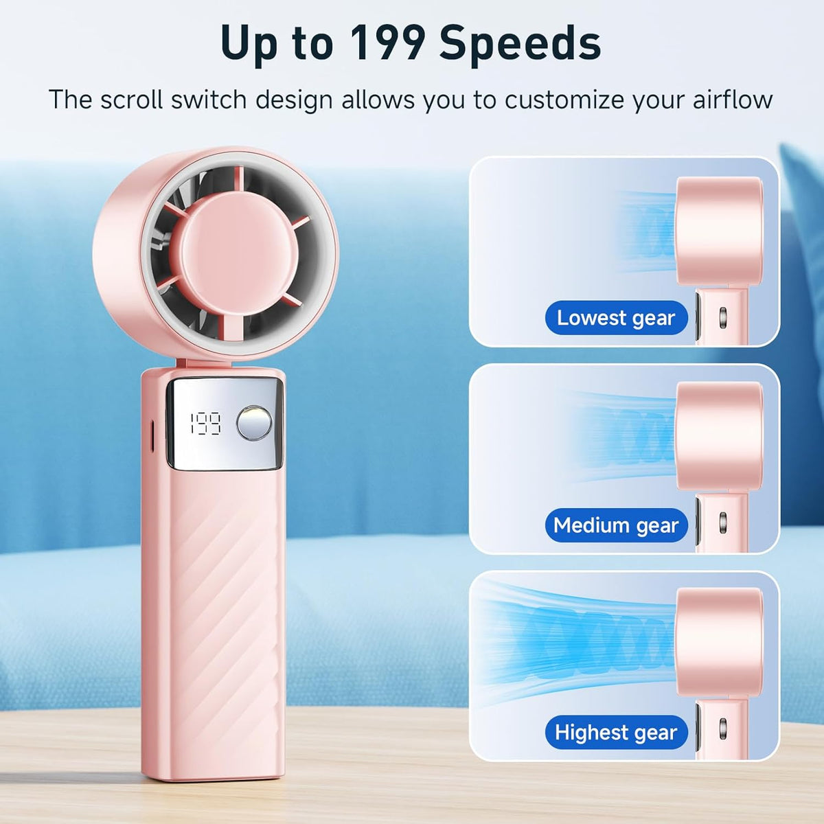 YOSHENMO Portable Handheld Turbo Fan - Foldable Mini Fan with Air Turbo Tech, 1-199 Speed Adjustment, 20H Runtime, LED Display, Battery-Powered for Indoor/Outdoor Use, Dark Black