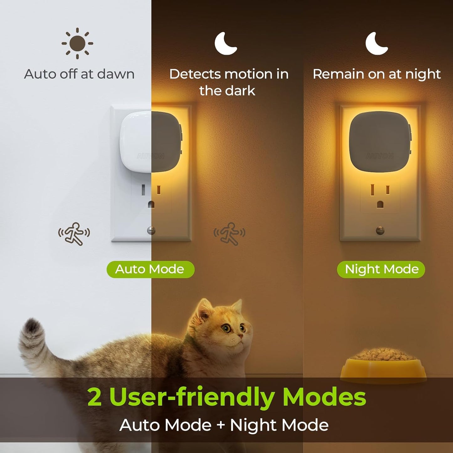 AUVON 4 X Plug-in LED Backlit Night Light with Motion & Dusk to Dawn Sensor | 2200K Soft Warm White Nightlight with 1-50lm Dimmable Brightness for Adults & Kids' Bedroom, Bathroom, Hallway
