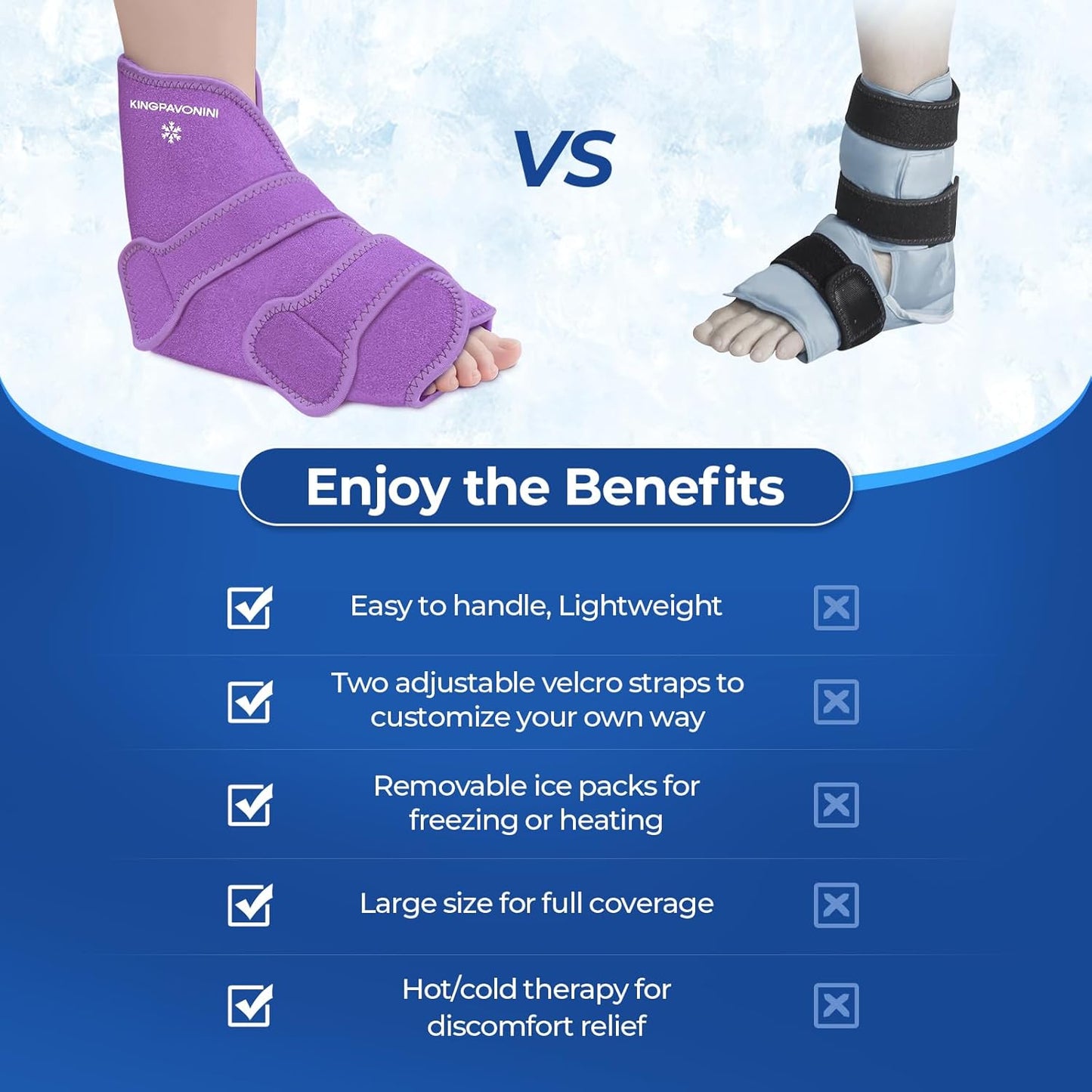 KingPavonini Ankle Foot Ice Pack Wrap for Sprained Ankle/Surgery Recovery, Reusable Gel Ice Packs for Feet Injuries, Plantar Fasciitis, Achilles Tendonitis, Hot/Cold Therapy, XL (1 Wrap+4 Gel Packs)