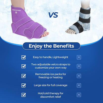 KingPavonini Ankle Foot Ice Pack Wrap for Sprained Ankle/Surgery Recovery, Reusable Gel Ice Packs for Feet Injuries, Plantar Fasciitis, Achilles Tendonitis, Hot/Cold Therapy, XL (1 Wrap+4 Gel Packs)