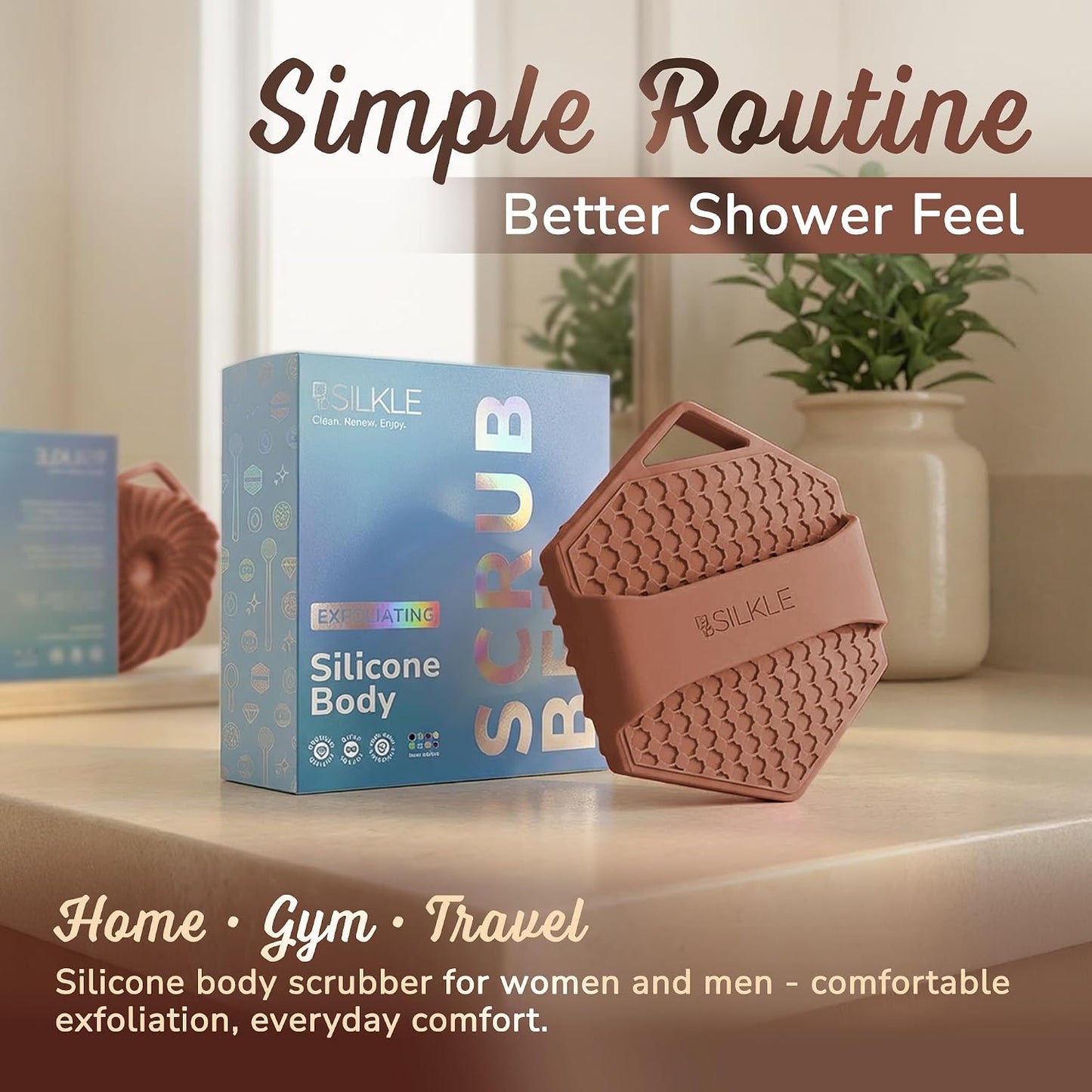 SILKLE Silicone Body Scrubber – Gentle Exfoliating Shower Scrubber for Body & Bath, Silicone Shower Brush & Loofah Alternative – Non-Slip Silicone Body Brush, Quick Dry, Hygienic - Pink