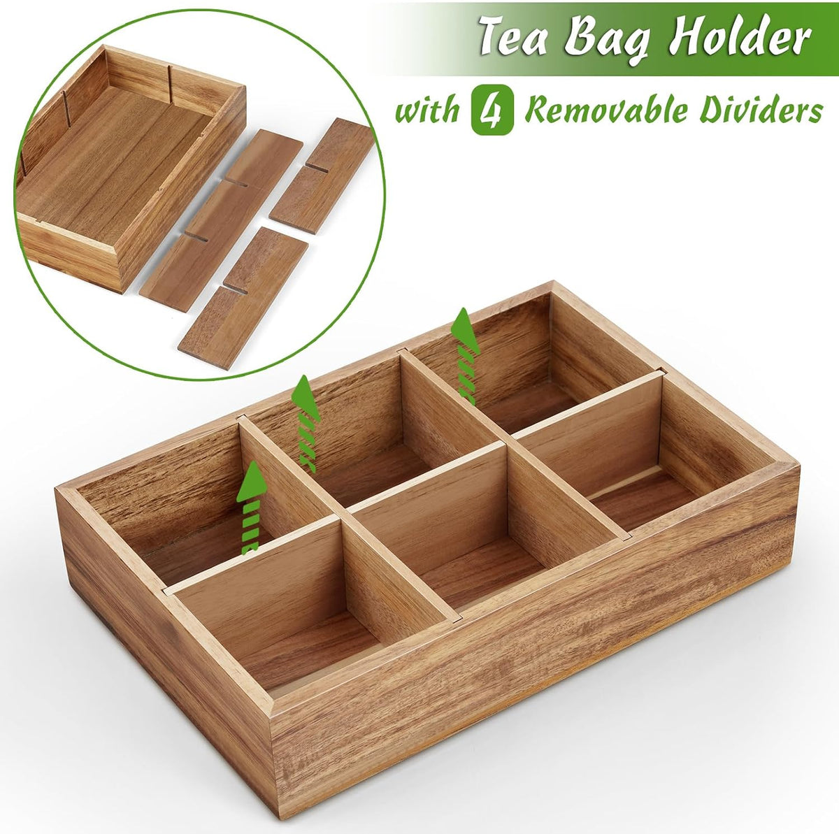 DRASTAR Tea Bag Organizer, Acacia Tea Bag Holder, Tea Storage Containers with 3 Slots, Wooden Tea Storage Accessories, Mini Tea Bag Caddy Box for Countertop