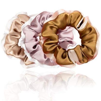 Silk Scrunchies for Hair 100% Mulberry Silk Hair Ties 3 Pack(Black, Navy Blue, Emerald)