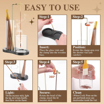 2 in 1 Incense Holder for Sticks with Glass Ash Catcher, Upside Down Anti-Ash Incense Stick Burner, Modern Vertical Incense Holder for Yoga, Spa, Meditation and Home Decor （Black）