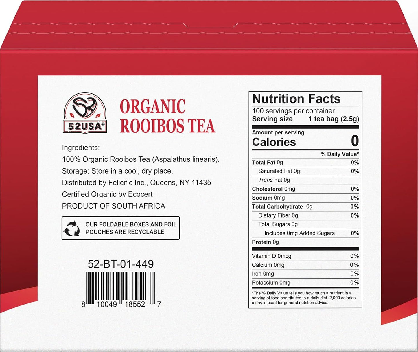 52USA Rooibos Tea Organic, 100 Tea bags, Pure Premuim Rooibos Tea, Naturally Sweet Herbal Tea, Caffeine Free Rooibos Tea, Farmed in South Africa, 9oz (250g)
