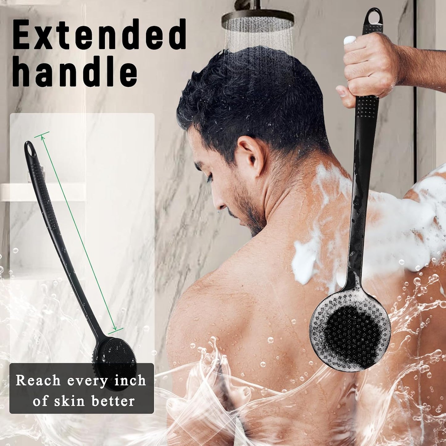 Silicone Back Scrubber for Shower, 17in Lengthen Long Handle Body Brush, Double Sided Shower Brush for Shower Exfoliating and Massage Can Produce Rich Foam, Long Handle Back Scrubber for Men