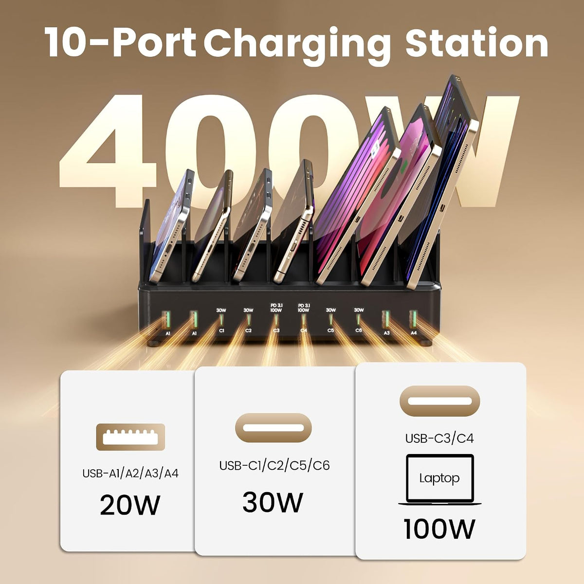 400W Charging Station for Multiple Devices, USB C Charger Organizer Dock