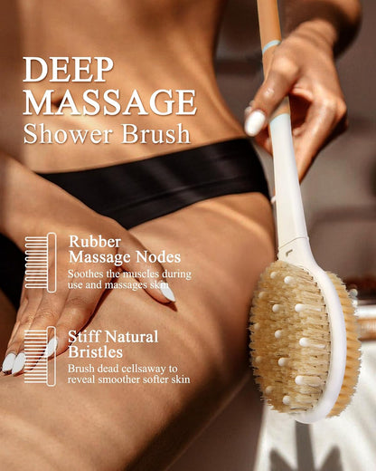Dry Brushing Body Brush for Massage - Natural Boar Bristle Exfoliating Brush with Massage Nodes for Lymphatic Drainage, Cellulite, Blood Circulation Improving Skin Health for Women Men Elderly(Grey)