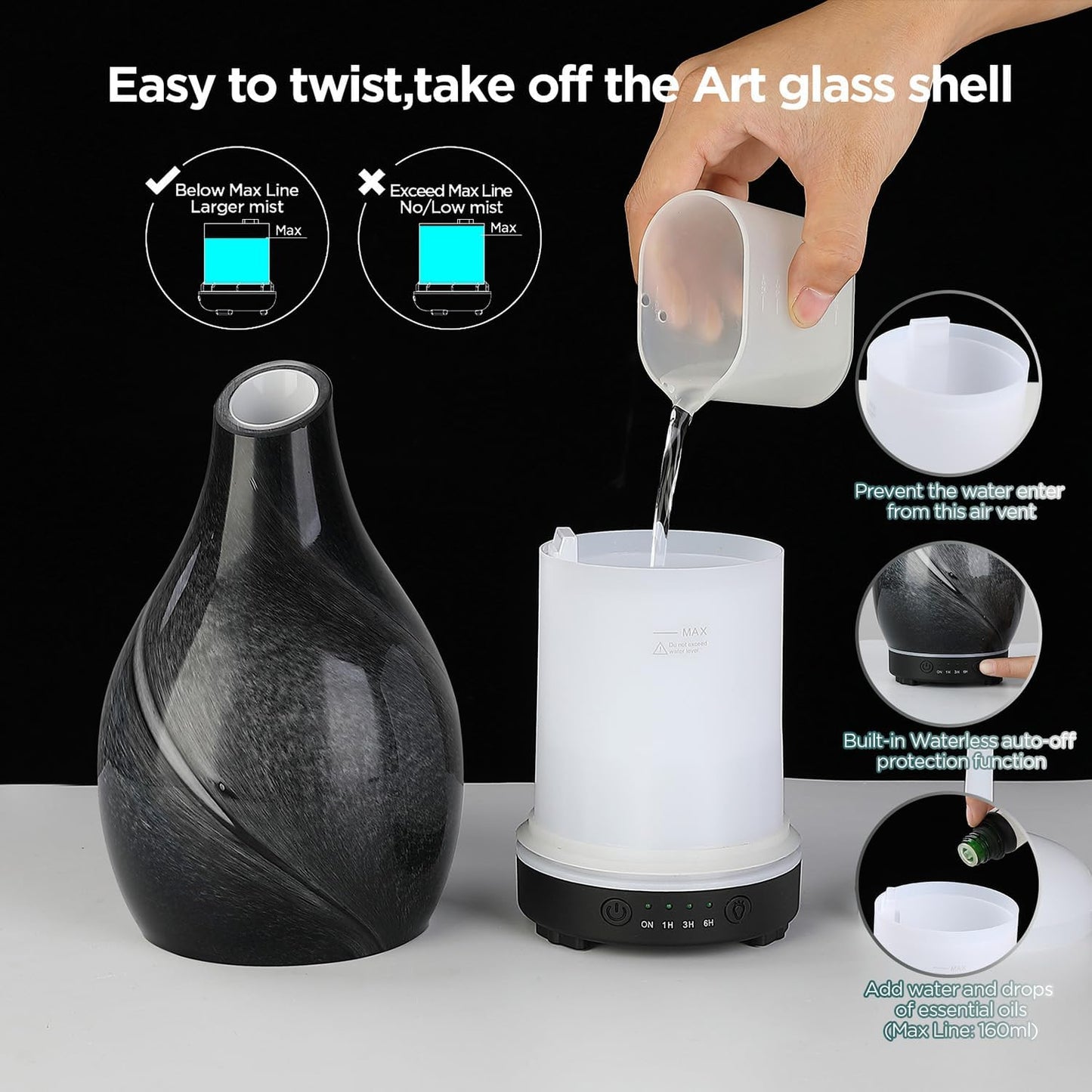 Essential Oil Diffuser Hand Blown Glass Aromatherapy Diffuser - Ultrasonic Cool Mist Scent Aroma Diffuser, Whisper Quiet with Auto Shut-Off, Timer Setting &7 Colors Night Light for Home