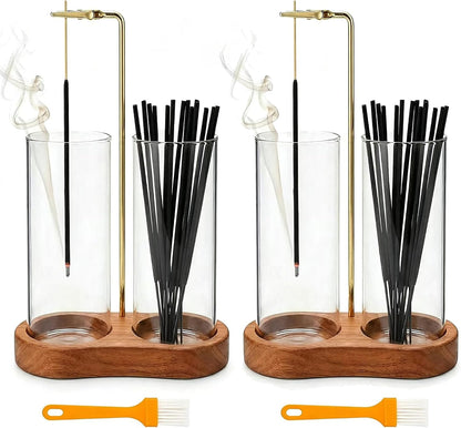 Incense Holder for Sticks with Glass Ash Catcher - Upside Down Anti-Ash Flying Incense Burner & Stick Storage Organizer, Ideal for Meditation, Yoga, Zen Home Decor, Spa Relaxation Gift