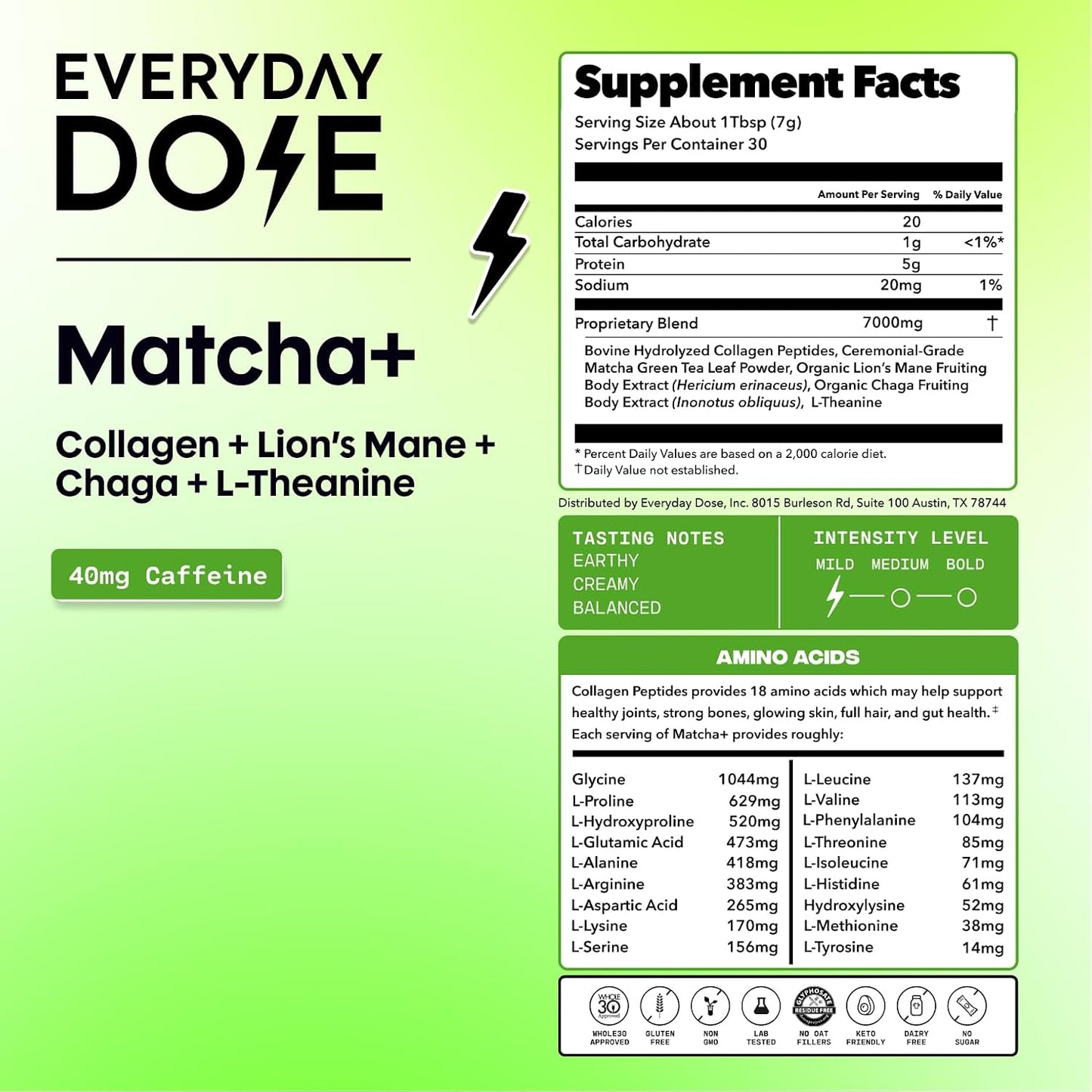 Everyday Dose Mushroom Matcha+ Ceremonial Grade Matcha Powder - Japanese Tea With Grass-Fed Collagen, Lion's Mane, Chaga, L-Theanine - For Better Focus, Energy, Digestion and Immunity - 30 Servings