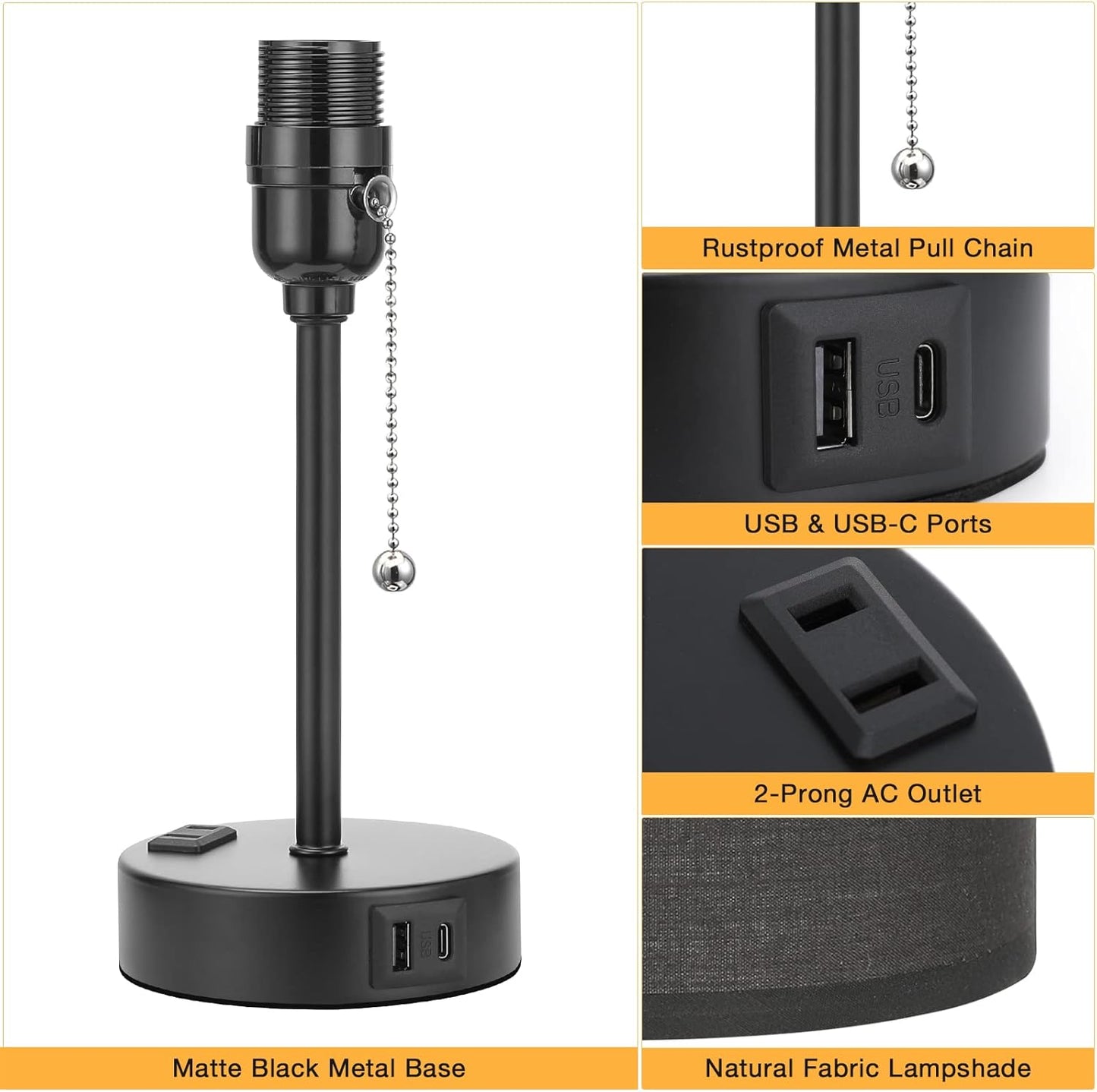 Small Bedside Table lamp for Bedroom - 3 Color Temperatures Bedside Lamps with USB C and A Ports, Pull Chain Table Lamps with AC Outlet, White Nightstand Lamps with Black Metal Base for Kids Reading