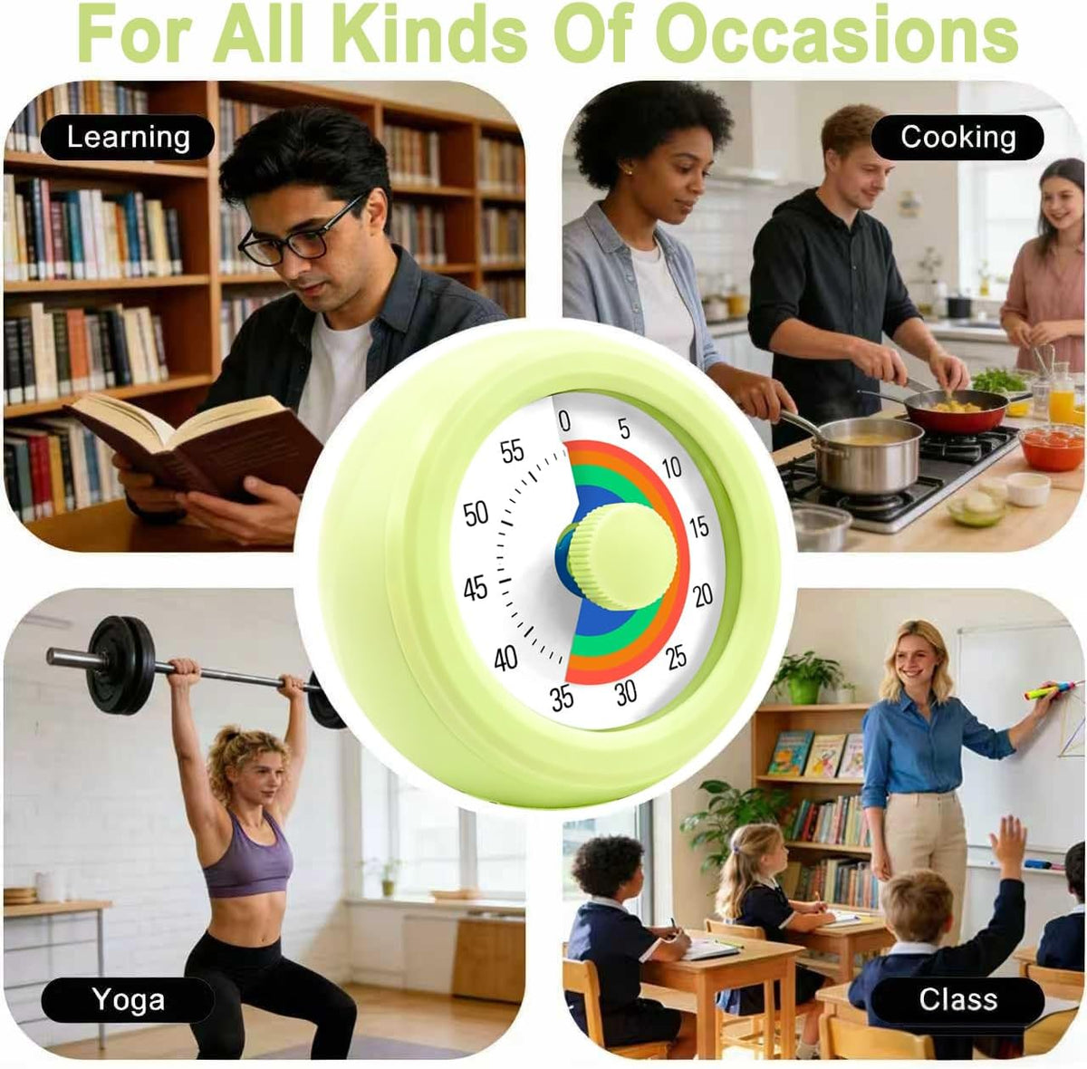 Visual Timer for Kids & Adults, 60 Minute Rainbow Countdown Timer, Time Management Tool for Classroom, Home, Kitchen, Office, School (Green-Round-Rainbow)