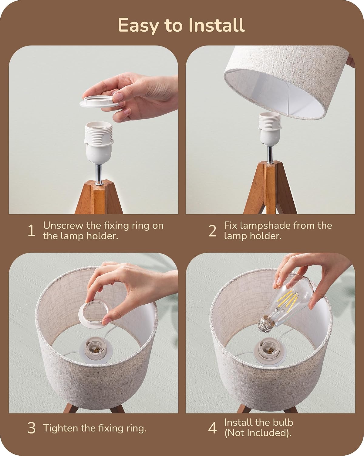 EDISHINE Tripod Table Lamp, Small Cute Bedside Lamp with Linen Beige Lampshade, Nightstand Lamp for Nursery, Bedroom, Kid Room, Living Room, Light Brown Wooden Base, E26 Socket, 14.2 Inch