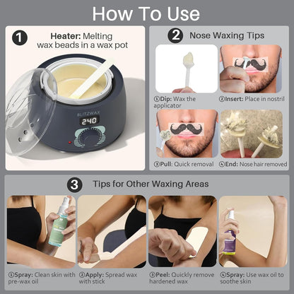 BLITZWAX Brazilian and Bikini Waxing Kit for Women, Hard Wax Warmer for Face, Legs and Body, At Home Hair Removal Kit, Beginner Friendly, Digital Fast Heating, 51 Wax Items