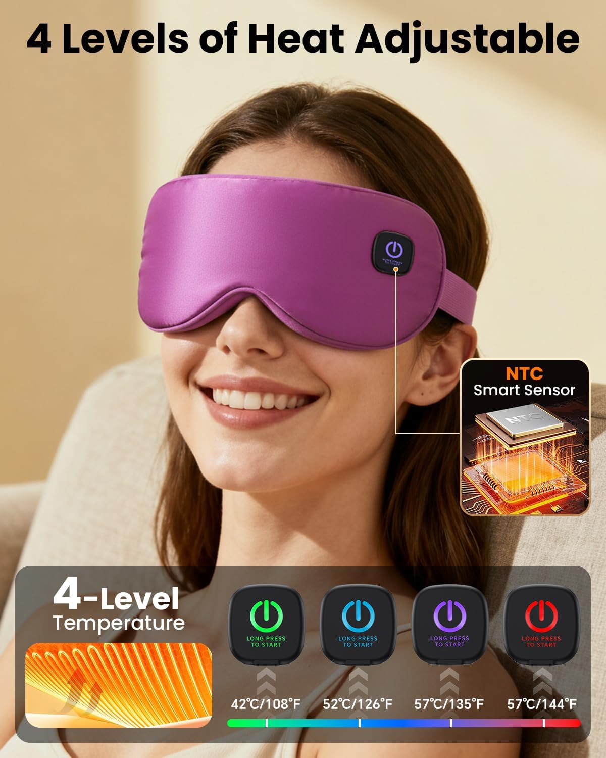 Cordless Heated Eye Mask with 1500mAh Large Battery, 4 Heat Levels & 100% Blackout for Dry Eyes Relief, Fast Heating Eye Heating Pad with 2 Washable Covers for Sleep, Travel, MGD, Blepharitis