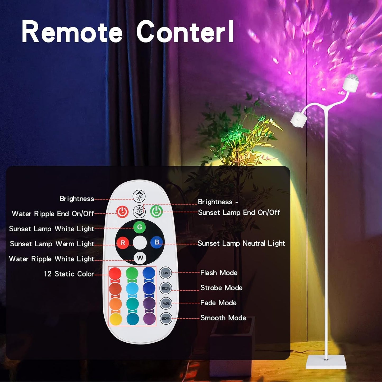 Sunset Lamp Projector Led Lights 3D Ocean Wave with Remote, 16 Colors Night Light 720° Rotation & Four Mode with American Standard Plug, Modern Floor Stand Night Light for Bedroom (White Double-End)