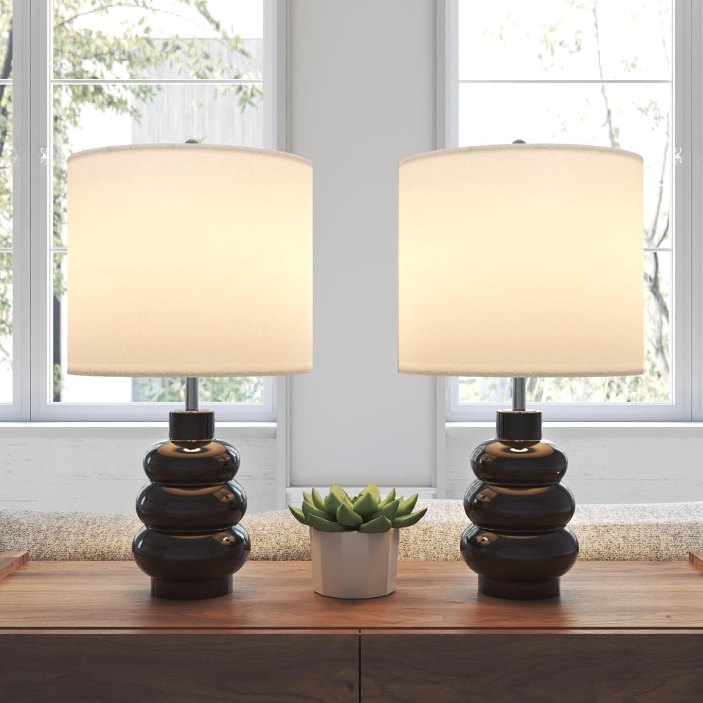 21" Modern Ceramic Table Lamp Set of 2 for Bedroom, Touch Control White Desk Lamps for Living Room, Farmhouse Bedside Lamps for Nightstand, End Table Lamps for Dorm Beige, Bulbs Not Included