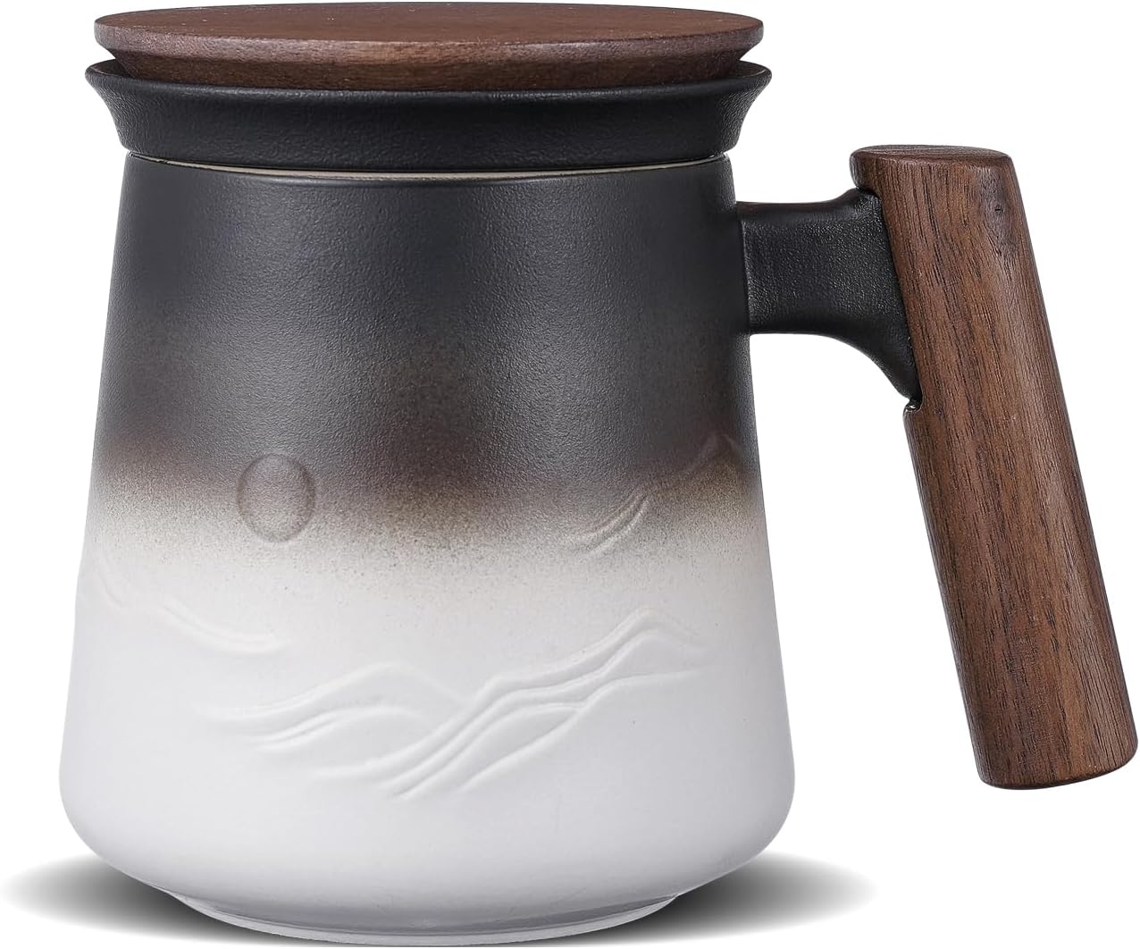 ZENS Embossed Ceramic Tea Mug with Infuser and Lid, 14.5 oz Wooden Handle, Loose Leaf Tea Steeper Cup & Strainer for Tea Lovers Gifts