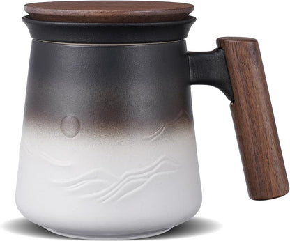 ZENS Embossed Ceramic Tea Mug with Infuser and Lid, 14.5 oz Wooden Handle, Loose Leaf Tea Steeper Cup & Strainer for Tea Lovers Gifts
