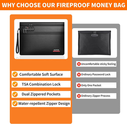 Noiposi 2-Pockets Fireproof Money Bag with Lock
