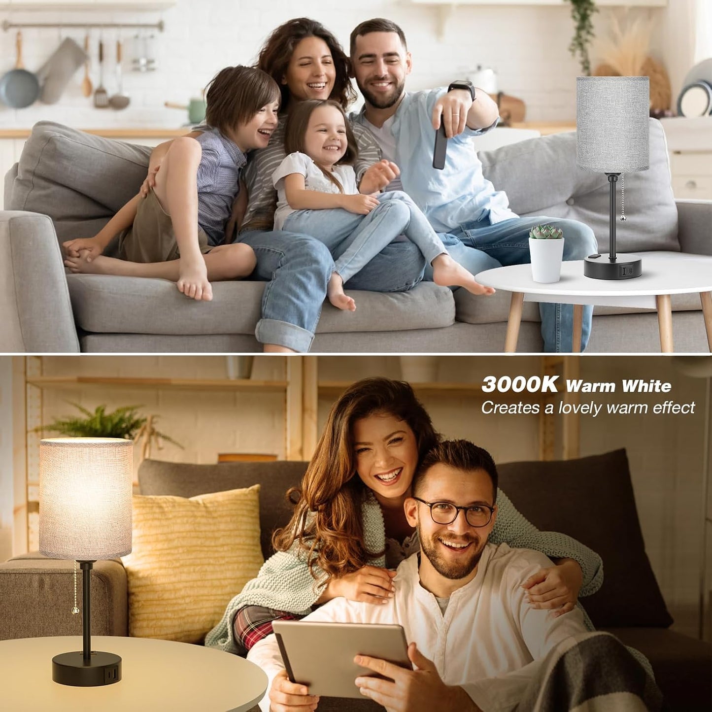 Small Bedside Table lamp for Bedroom - 3 Color Temperatures Bedside Lamps with USB C and A Ports, Pull Chain Table Lamps with AC Outlet, White Nightstand Lamps with Black Metal Base for Kids Reading