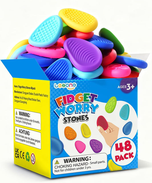 Fidget Toys Sensory Stone for Kids: 48 Pack Textured Worry Stones - Bulk Fidgets for Classroom Prizes Goodie Bag Stuffers - ADHD Tools for Autism Kids Calming - Travel Toys Gifts Party Favors