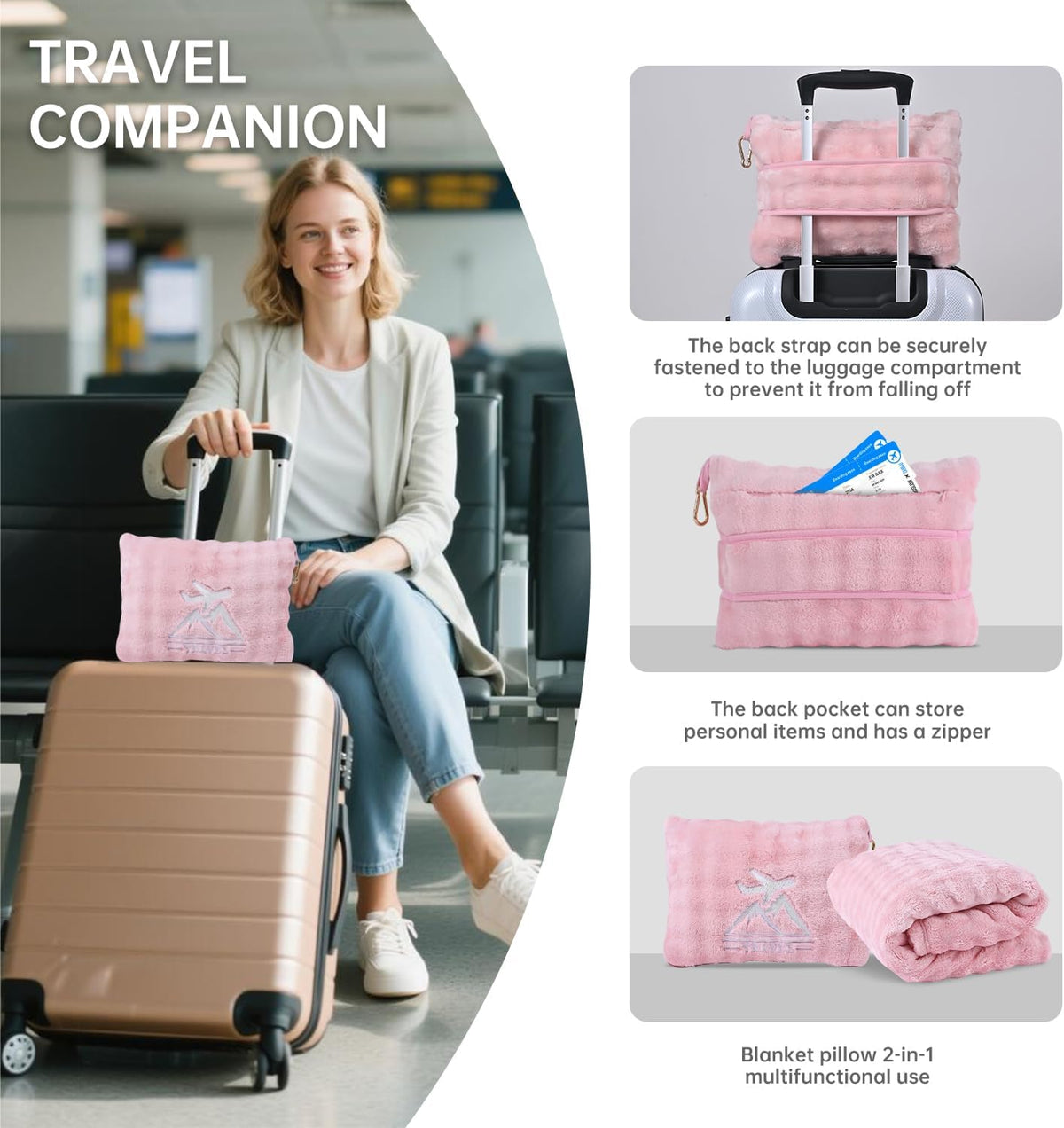 Travel Blanket and Pillow-2-in-1, Ultra-Soft&Compact, Airplane Blanket with Hand Luggage Belt and Backpack Clip,Travelers Accessories Gifts, 61x43 Inches(Pink