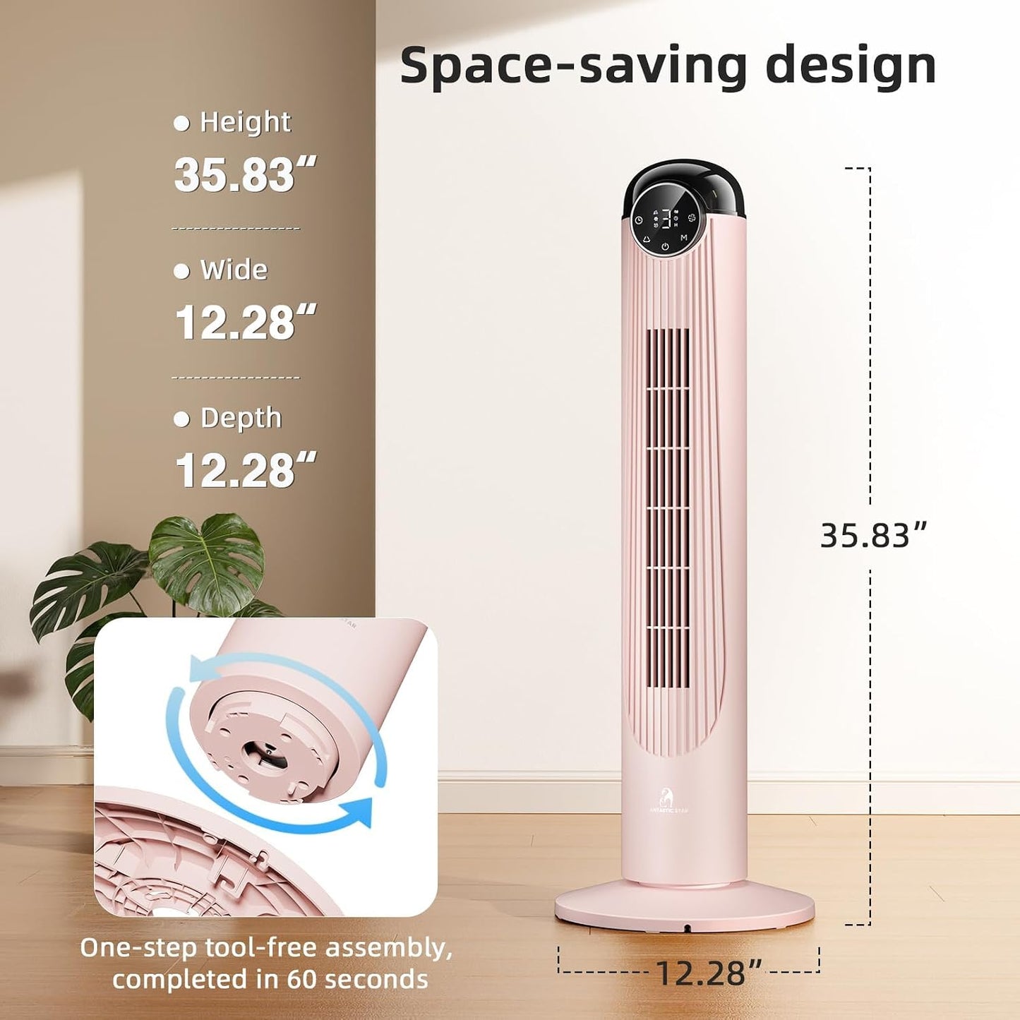 Antarctic Star T36 Tower Fan-36 Inch, Bladeless Oscillating Fan with Remote, 6 Speeds & 4 Modes, LED Display, 9H Timer, Quiet Floor Standing Fan for Bedroom Living Room Office, Pink