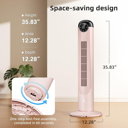 Antarctic Star T36 Tower Fan-36 Inch, Bladeless Oscillating Fan with Remote, 6 Speeds & 4 Modes, LED Display, 9H Timer, Quiet Floor Standing Fan for Bedroom Living Room Office, Pink