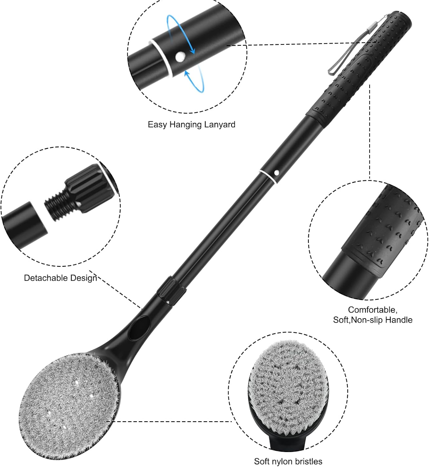 Back Scrubber for Shower, 17.52" - 25.7” Telescopic Back Washer for Shower with Anti-Slip Long Handle, Soft Nylon Bristles, Detachable Back Brush for Shower for Men Women Elderly