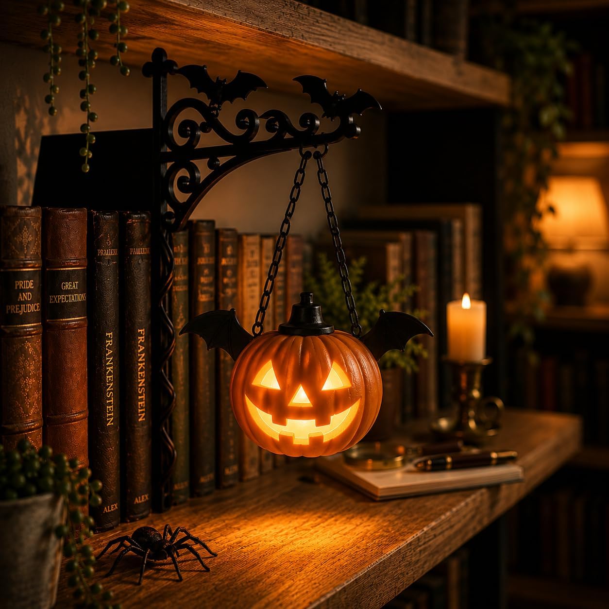 Library Lantern-Decorative Bookshelf Lighting, Mini Bookshelf Lamp Slides Between Books, Warm Amber LED Bookshelf Lights for Book Nook, Shelf Decor Gift for Book Lovers(Reading Ghost)