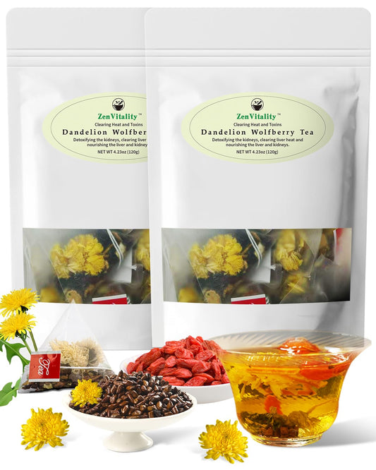 ZenVitality® Organic Dandelion Wolfberry Tea Bags Natural Support Kidney & Liver, Detox & Wellness Tea With Chrysanthemum, Goji Berry, Gardenia, Cassia Seed, Orange Peel, Dandelion Leaf Tea 240g