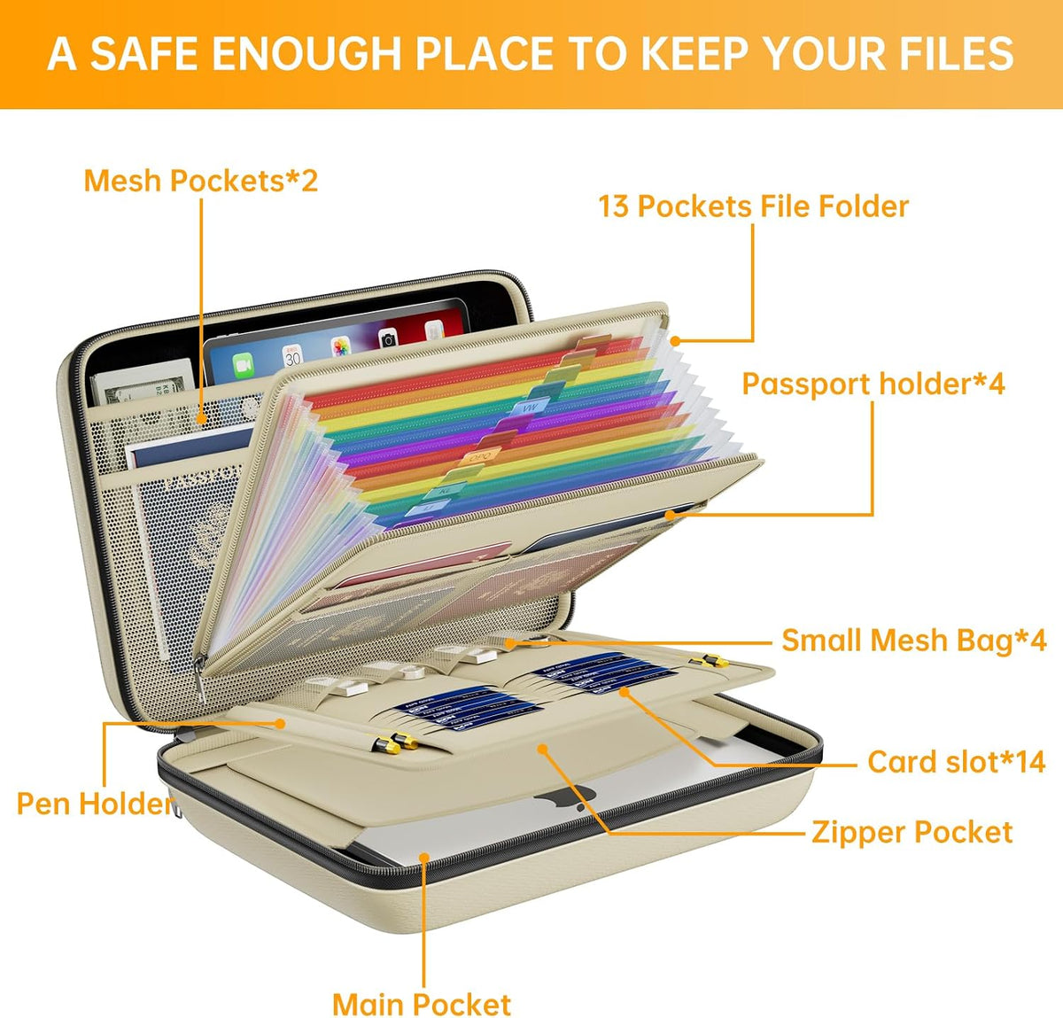 DocSafe Fireproof File Organizer with Lock, Hard-Shell Case Fireproof Document Box with 13 Pocket Accordion File Folder, Portable Home Office Travel Safe Storage for Important Documents Laptop Beige