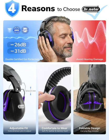 Dr.meter Ear Protection Ear Muffs, Noise Cancelling Headphones for Adults Kids 31dB Earmuffs for Noise Reduction, Hearing Protection for Shooting Gun Range, Mowing, Monster Jam, Sensory, Fireworks