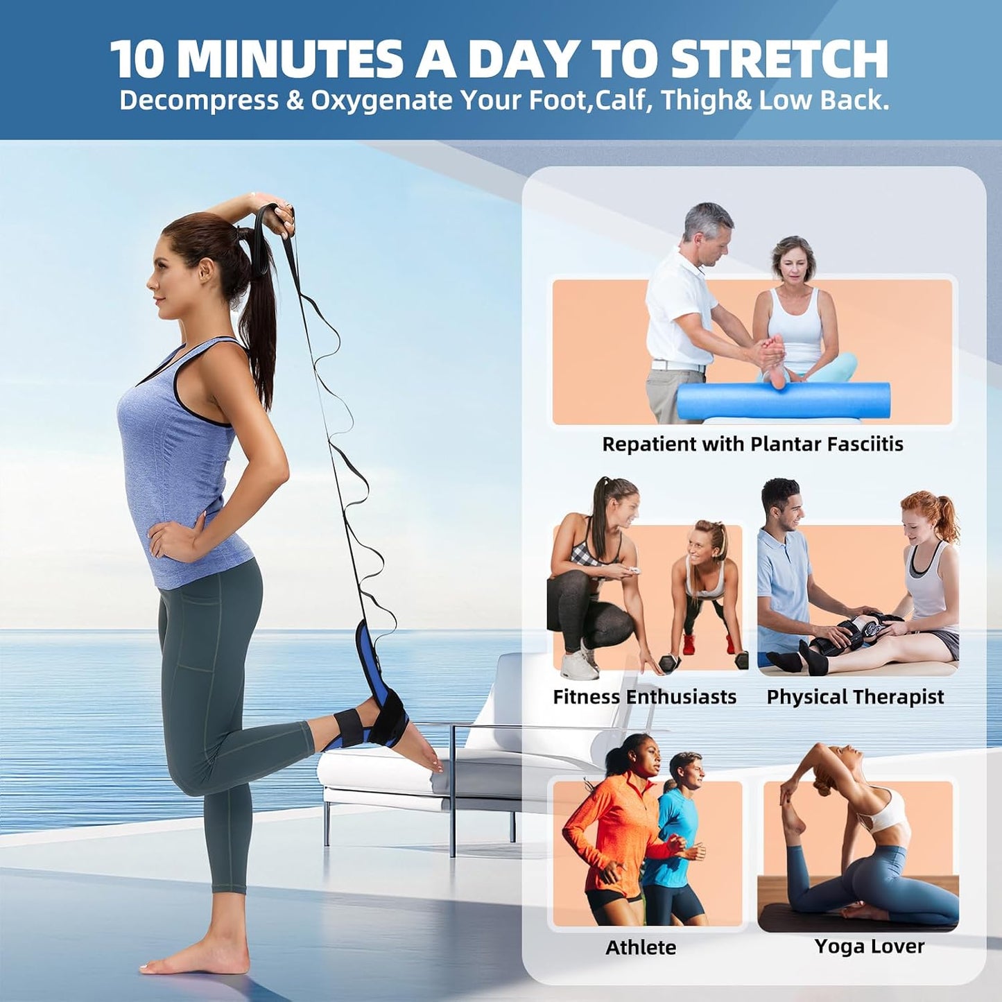 comness Foot and Calf Stretcher-Stretching Strap For Plantar Fasciitis, Heel Spurs, Foot Drop, Achilles Tendonitis & Hamstring. Yoga Foot & Leg Stretch Strap. (Black)