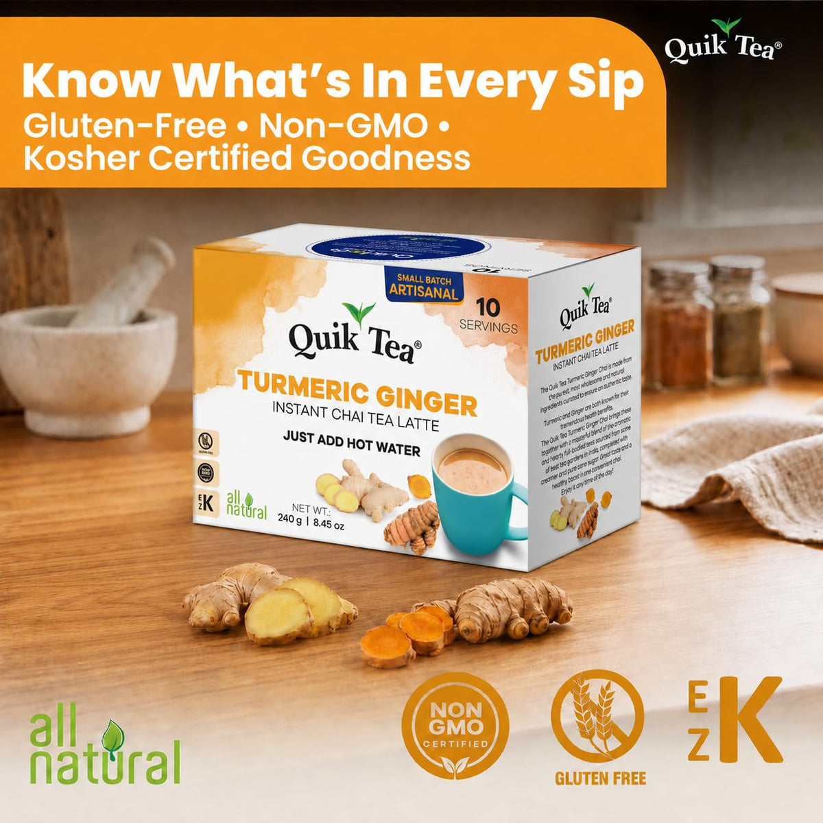 QuikTea Instant Chai Tea Latte Mix, Turmeric Ginger, 10 Sachets