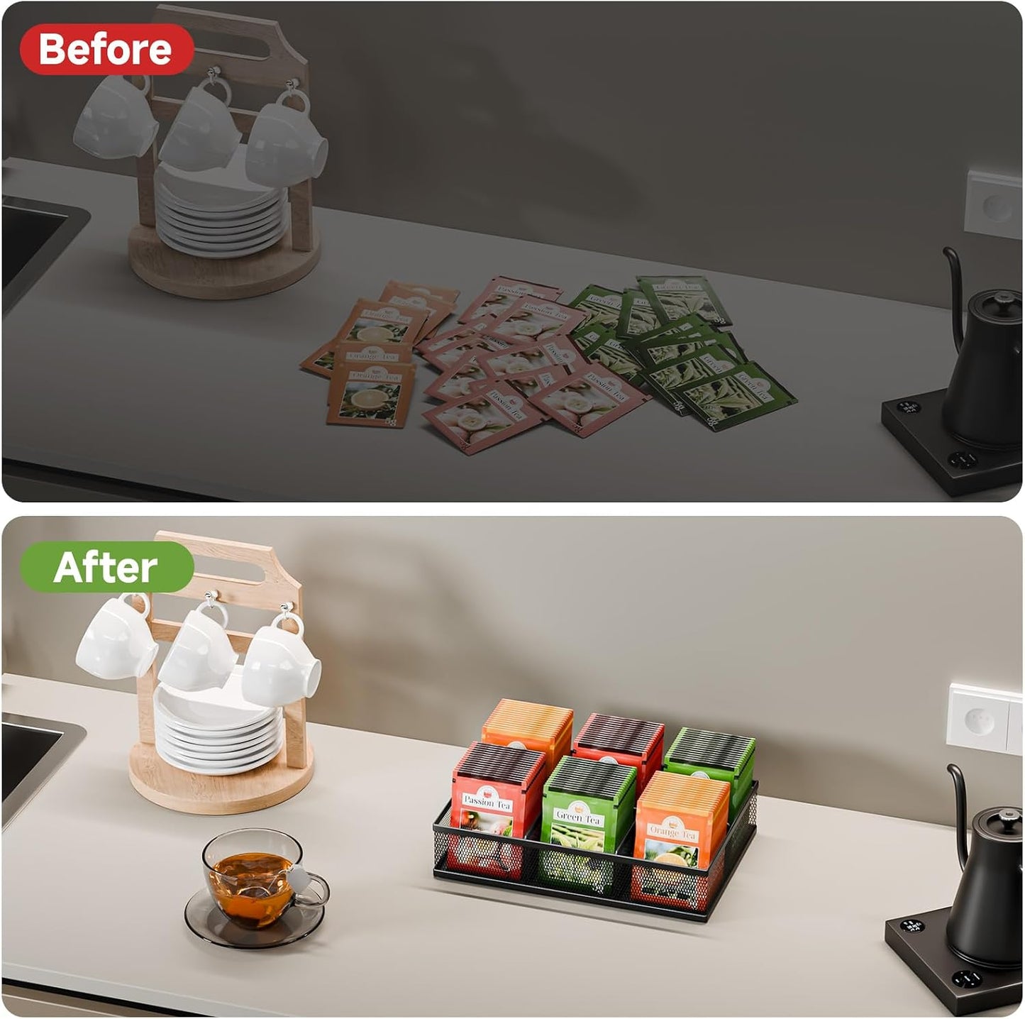 2 Tier Tea Bag Organizer, Mesh Tea Bag Holder with Handle, Teabag Holder, Tea Station Organizer for Countertop, Pantry, Kitchen, Cabinet -Black