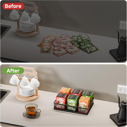 2 Tier Tea Bag Organizer, Mesh Tea Bag Holder with Handle, Teabag Holder, Tea Station Organizer for Countertop, Pantry, Kitchen, Cabinet -Black