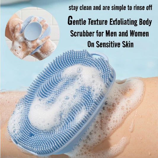 Soft Silicone Body Scrubber, Face Scrubber Silicone, Gentle Texture Exfoliating Body Scrubber for Men and Women On Sensitive Skin, Back Large Suction Cup for Easy Dry and Store (Blue)