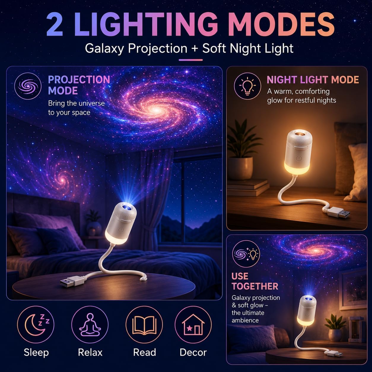 HD Smart Dynamic 5D Holographic Night Light Projector, Plug and Play Galaxy Star Projector, 360° Rotating USB Powered Ocean Wave Ceiling Light for Bedroom, Kids Room, Party Decor (24 Projection Films)
