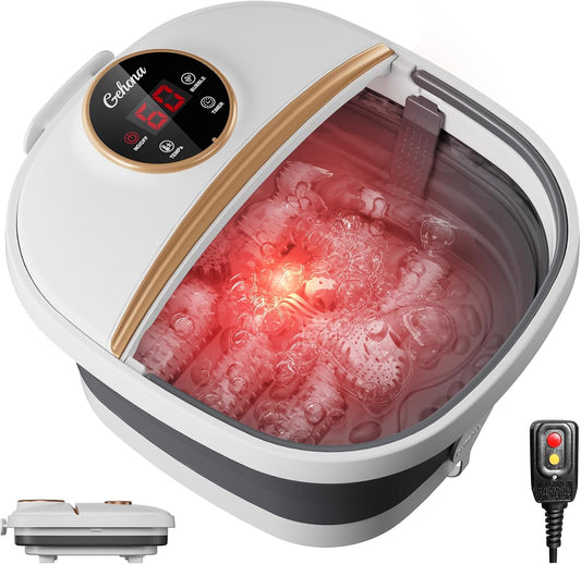 GEHONA Collapsible Foot Spa Bath with Heat, Foot Massager with Two Side Supports, Leakage Protector, Temperature Control, Bubbles, Red Light, Timer, Feet Soaker, Gifts (Deep Black)