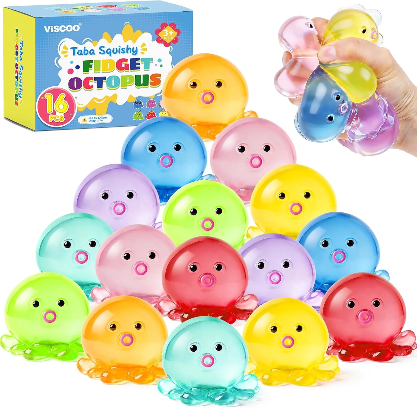 VISCOO 16 Pack Octopus Stress Balls for Adults Kids, Taba Squishy for Anxiety Stress Relief, Squeeze Ball for Party Favors/Slow Rising Squishy for Classroom Prize Birthday