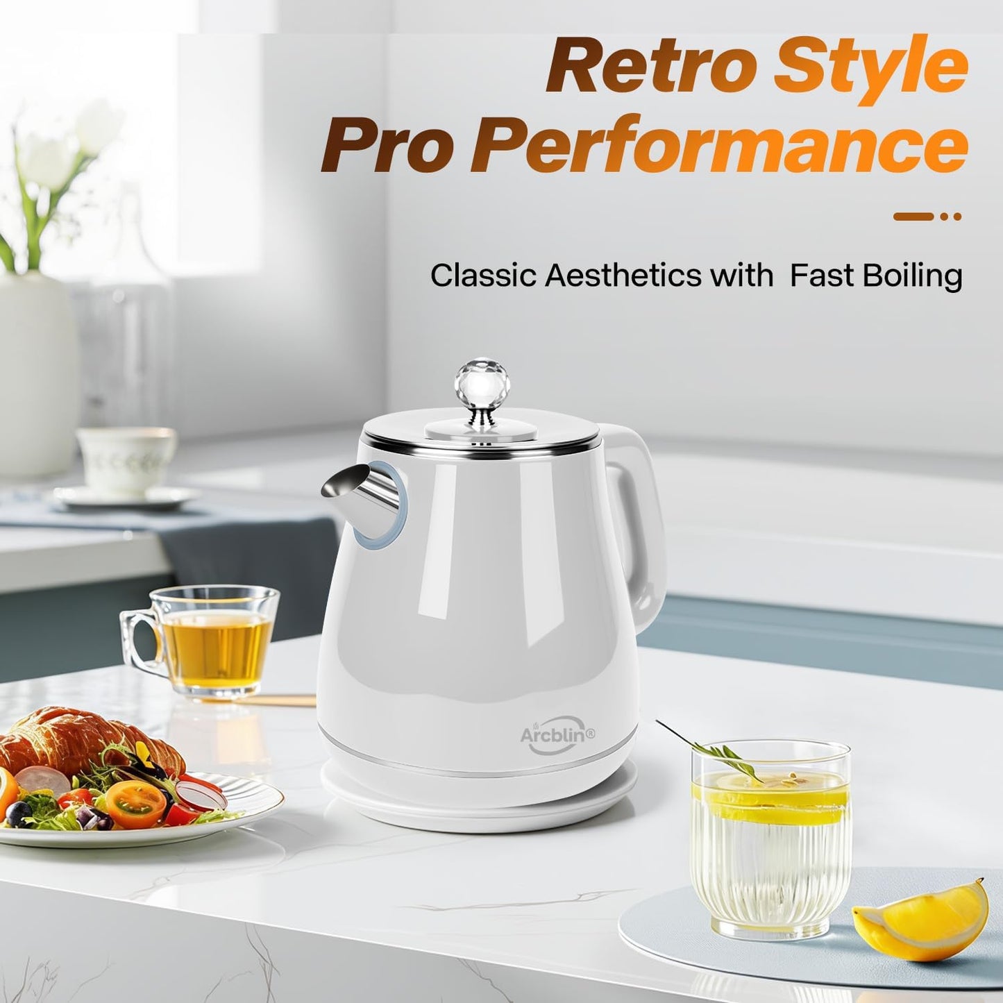 Retro Electric Tea Kettle 1.8L, BPA Free, Stainless Steel Electric Hot Water Kettle for Boiling Water, 1350W Fast Boil, Automatic Shut Off, Boil-Dry Protection,Pearl White