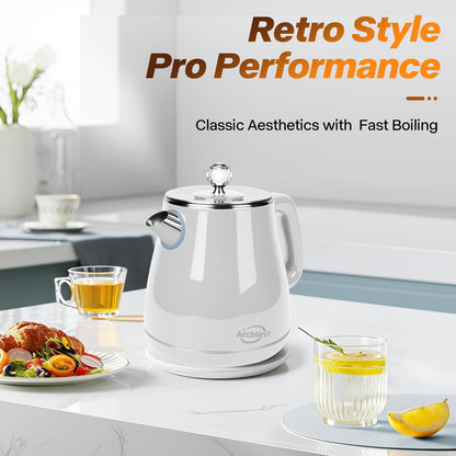 Retro Electric Tea Kettle 1.8L, BPA Free, Stainless Steel Electric Hot Water Kettle for Boiling Water, 1350W Fast Boil, Automatic Shut Off, Boil-Dry Protection,Pearl White