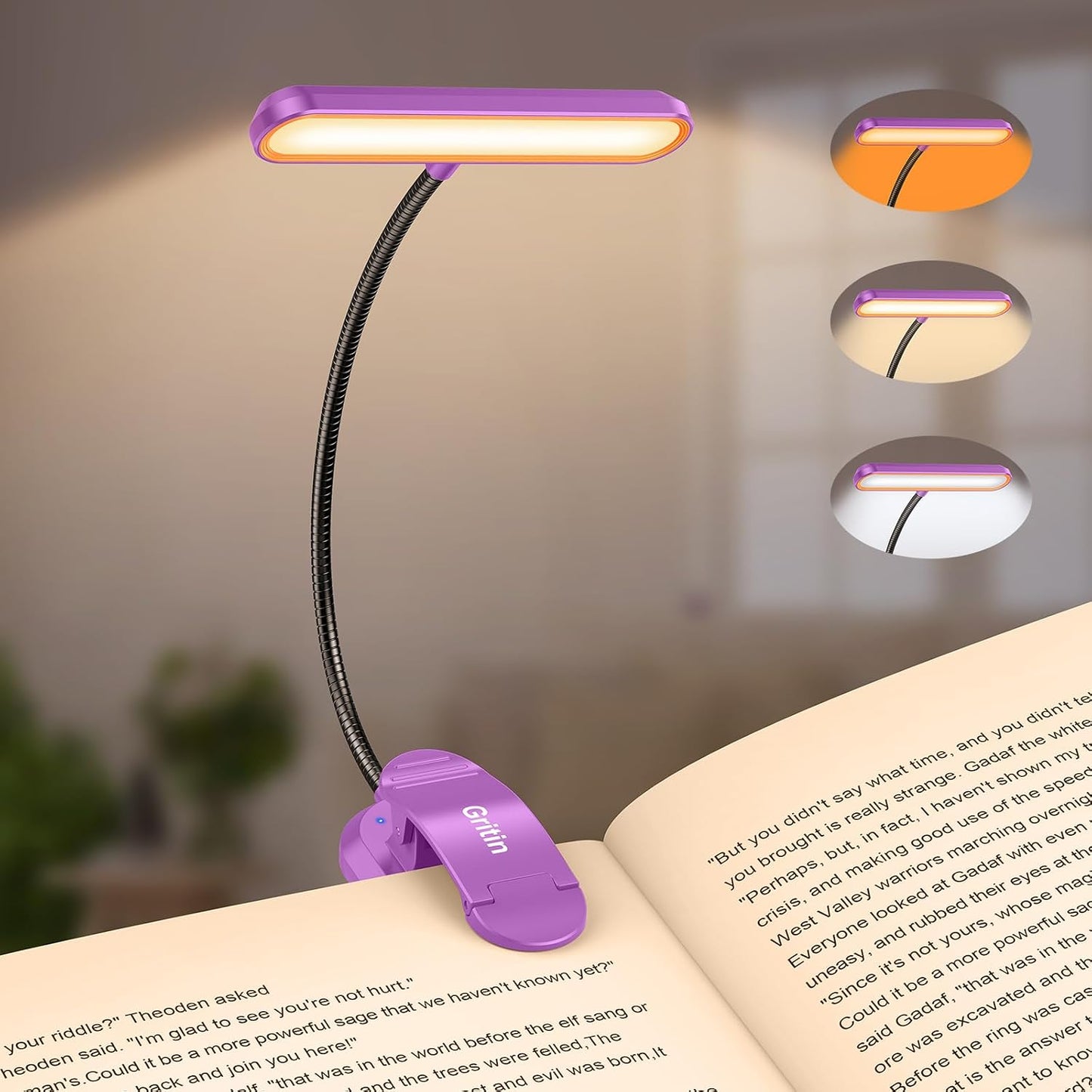 Gritin Rechargeable Book Light for Reading in Bed with 19 LED | Eye Caring 3 Color Temps,5 Brightness Levels,Memory Function,90 Hrs Runtime Flexible Goose Neck Clip on Light for Book Lovers