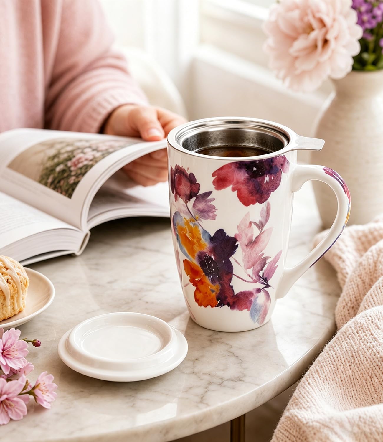 AmorArc 18oz Porcelain Tea Mug with Infuser & Lid, Loose Leaf Tea Cup with Stainless Steel Strainer, Large Coffee Mug Gift for Women, Tea Lovers, Home & Office