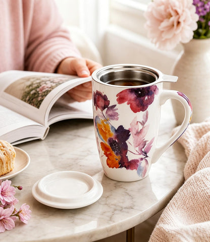 AmorArc 18oz Porcelain Tea Mug with Infuser & Lid, Loose Leaf Tea Cup with Stainless Steel Strainer, Large Coffee Mug Gift for Women, Tea Lovers, Home & Office